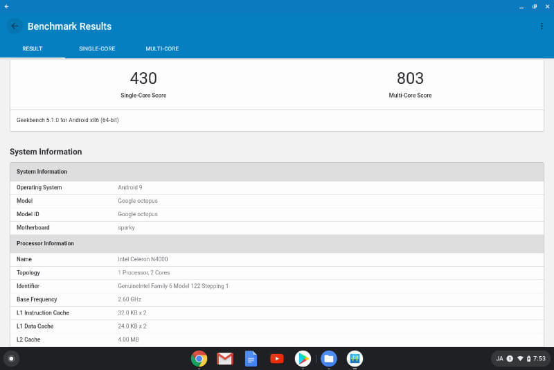 Geekbench 5。Single-Core 430、Multi-Core 803