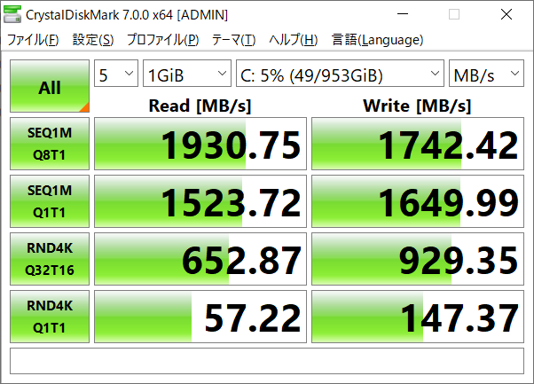 ストレージは1TBのNVMe SSD。転送速度は2GB/s弱で十分なスピード