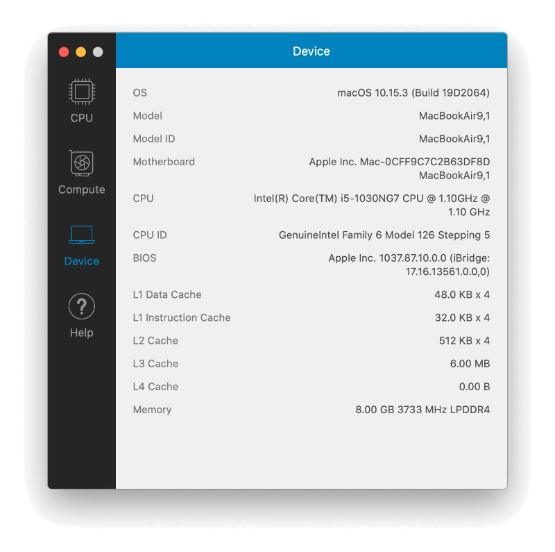 GeekBench 4で表示されるデバイス情報ではCPU名が「Core i5-1030NG7」となっている