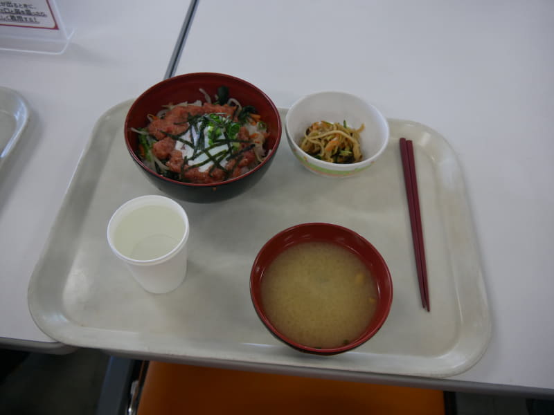 これがこの日のねぎとろユッケ丼。食堂で一番高いグルメ丼は534円(税込)