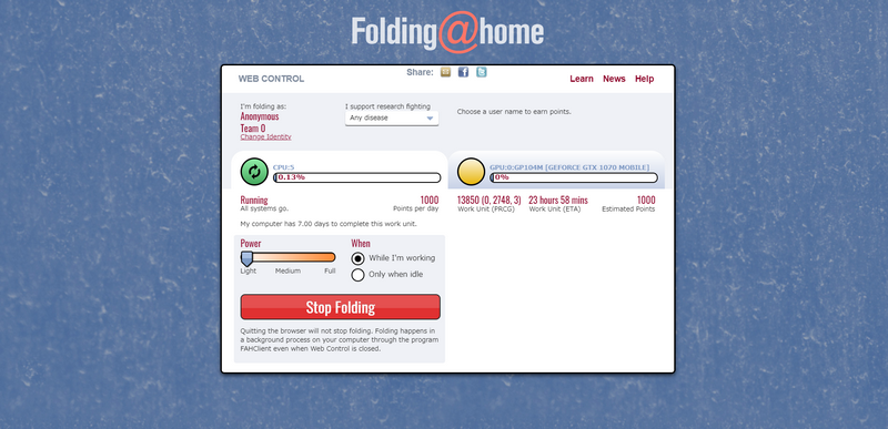 進行状況はブラウザ上で表示される初期設定では、負荷は「Light」で「While I'm working(常時稼働)」となる。「Only when idle」を選ぶと、PCで作業していない間だけ稼働する。新型コロナウイルス解析の場合は、「I support research fighting」は「Any disease」を選ぶ