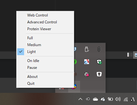 プログラムはシステムトレイに常駐しており、アイコンを右クリックして負荷を変えたり、一時停止したり、Web Control画面を呼び出したりできる