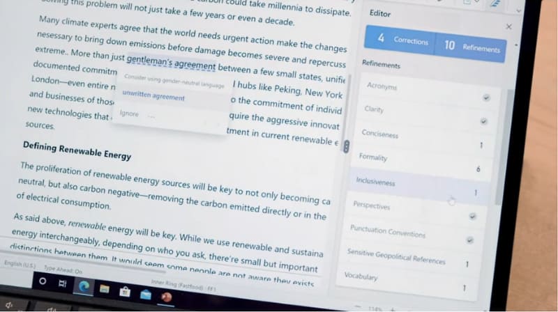 Microsoft Editorでは文字の綴りや文法などをAIがチェックしてくれる