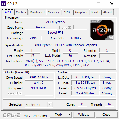 CPU-Z実行画面。Ryzen 9 4900HSは8コア16スレッドCPUを備えている