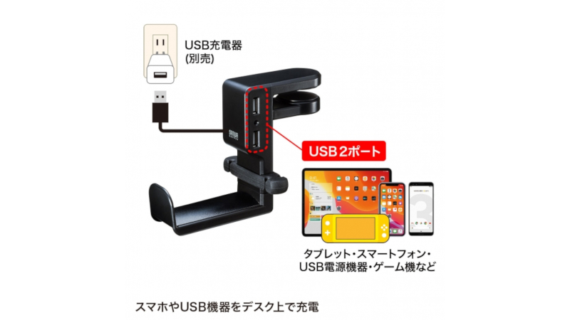 USBポートのほか、左右にケーブルフックも搭載する