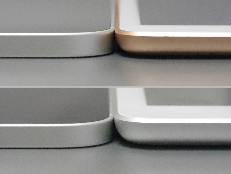 厚みの比較。左はいずれも本製品、上段右はiPad Air、下段右はiPadとの比較。薄型に見えるがじつはiPad Airよりも厚みがある