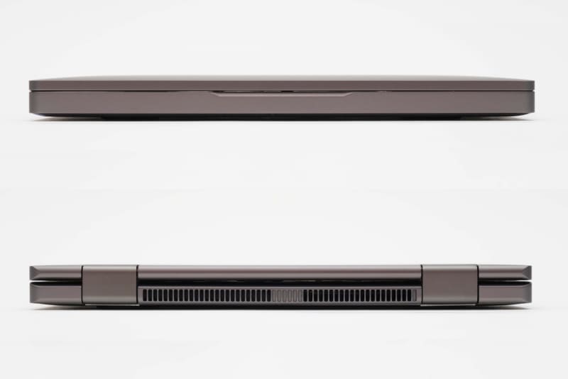 本体前面(上)と本体背面(下)。ディスプレイヒンジは180度まで上側だけが曲がるので、排気口をふさぐことはない。270度まで開くと天面が排気口をふさぐが、4mmほどのすき間が空いているので排気効率に影響はなさそうだ