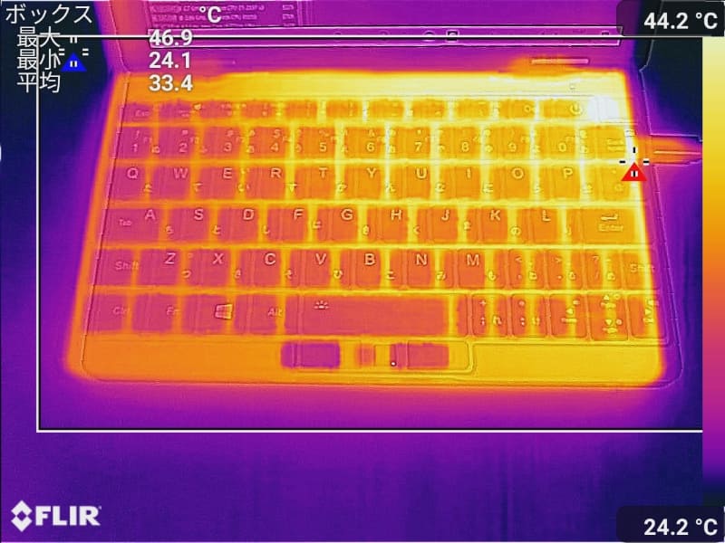 キーボード面の最大温度は46.9℃