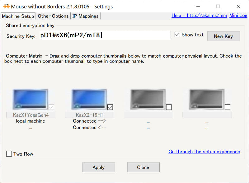 インストール後はタスクトレイの通知領域に表示されているMouse Without Bordersの設定ツールで設定可能