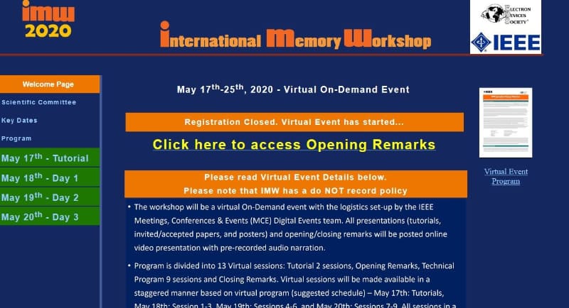 国際メモリワークショップ(IMW 2020)のWebサイト