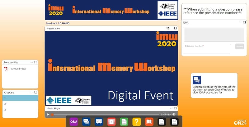 IMW 2020の技術講演視聴画面の例(Webブラウザは「Firefox 76.0.1」)。中央のウインドウ(Presentation)に講演スライドが表示される。右上には質問のテキストを打ち込む小さなウインドウ(Q&A)がある。左下のウインドウ(Chapters)ではセッション内の講演を選択できる。講演の音声はスピーカーあるいはヘッドフォンなどで聴く