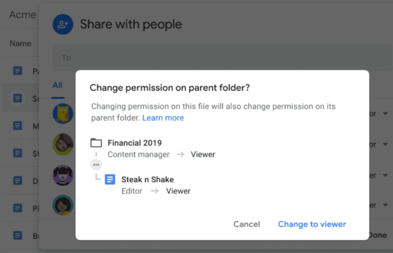 親フォルダ上での権限の変更