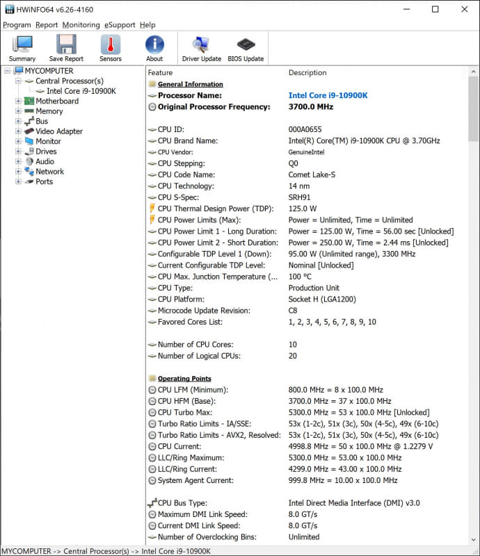 HWiNFOの詳細画面。Turbo Boostの持続的なブーストリミットであるPL1はTDPと同じ125W、短時間のブーストリミットを示すPL2は250Wに設定されていることがわかる