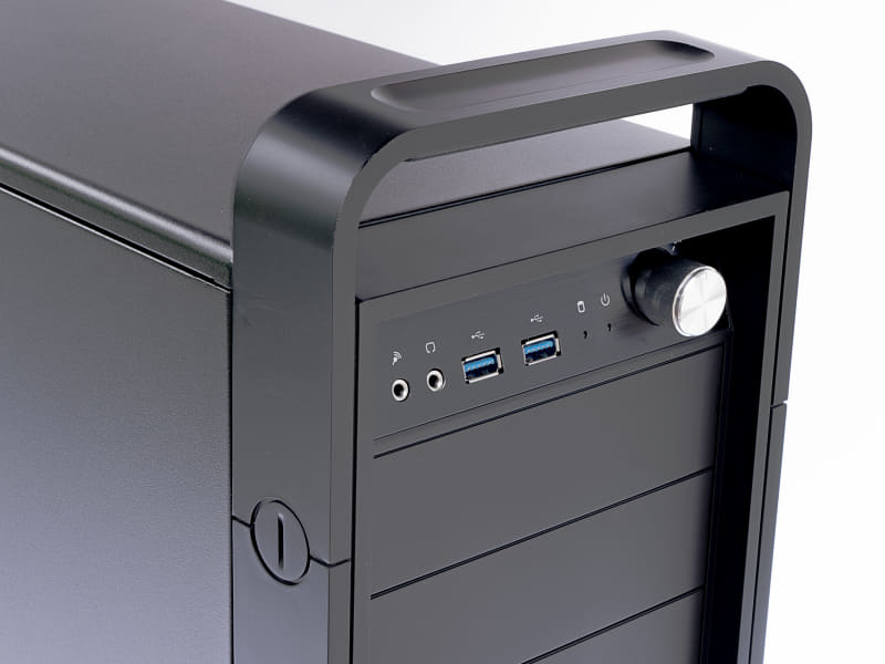 上部のハンドルはしっかりした作りで、実際にここだけ持って移動できる。前面の金属製の円柱は電源ダイヤルで、右に回すとスイッチが入る