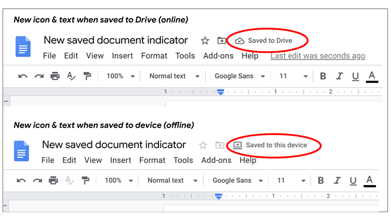 ドキュメントの保存状態がアイコンとテキストで確認可能に