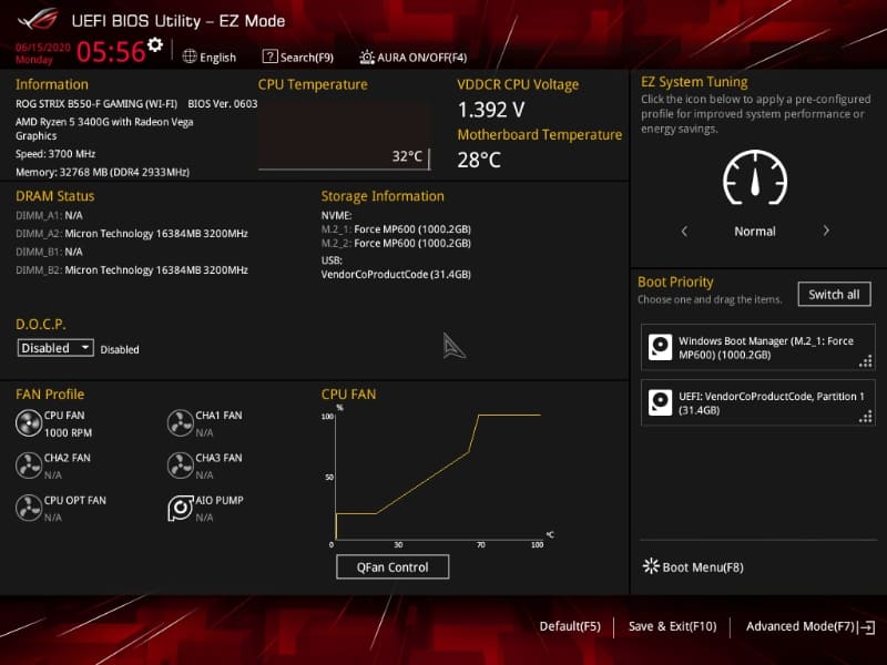 Ryzen 5 3400G搭載時のUEFI画面