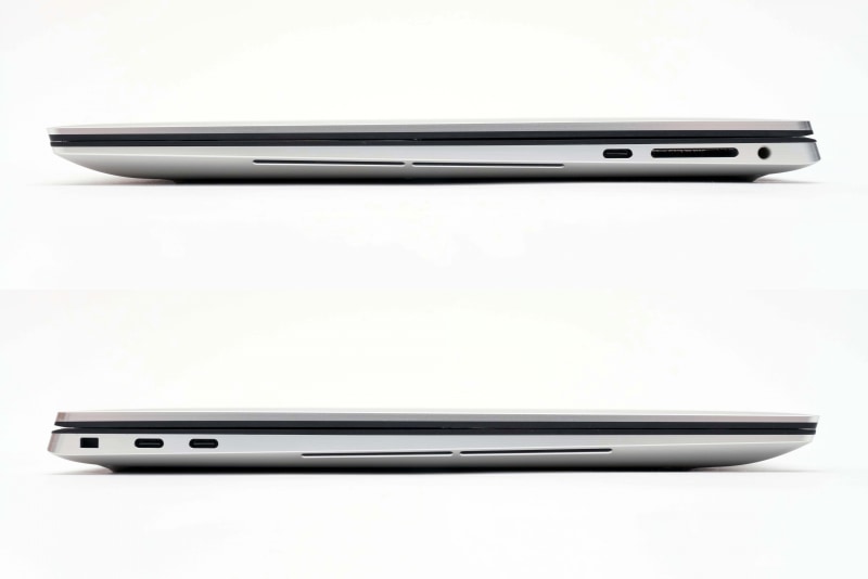 右側面には、USB 3.1 Type-C(USB PD、DisplayPort対応)、SDカードスロット、3.5mmヘッドセットジャック、左側面にはウェッジシェイプロックスロット、Thunderbolt 3×2(USB PD、DisplayPort対応)が配置されている