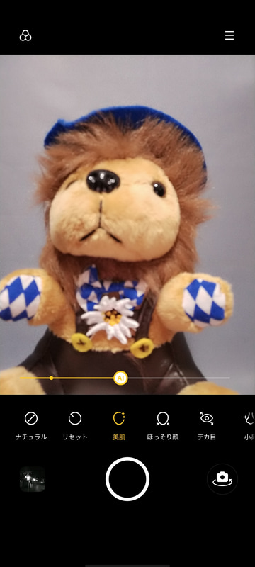 カメラアプリ上部にはフラッシュ、HDR、ダズルカラーモードのON/OFFボタンと、カラーモードの変更ボタンを、下部には夜、ビデオ、写真、ポートレート、その他の撮影モードボタンを用意