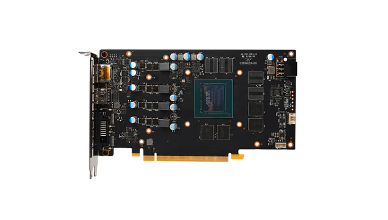 GeForce GTX 1650 Ultraの基板。かなりのダイサイズのチップを搭載していることがわかる。一方メモリチップは4基で、パターンに空きがあるため128bitであることは確実だろう