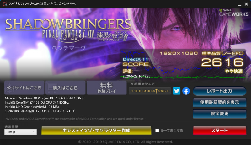 FINAL FANTASY XIV : 漆黒のヴィランズベンチマークのスコア(1,920×1,080ドット、フルスクリーン、標準品質)