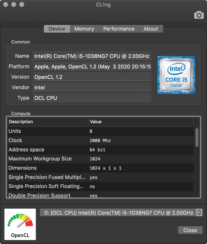 CPUやGPUのOpenCL/Metal性能を計測するツール「CL!ng」を使ってMacBook Pro 13インチモデルのCPUの情報を拾ってみた。TDP 28Wの「Core i5-1038NG7」であることがわかる。表中「Units」とは論理コア数なので、最大8スレッド同時に処理できることになる