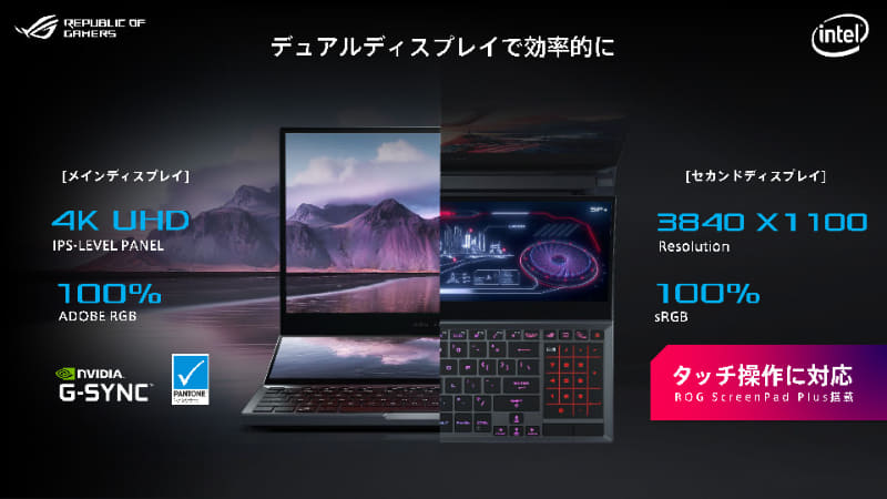 自動的にせり上がって見やすくなるセカンドディスプレイ。冷却性向上にも一役買う