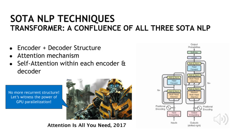 Transformerはエンコーダ－デコーダ型の構造で、Self-Attentionがそれぞれに組み込まれる。再帰型の構成は持っていない。GTC 2020のNVIDIAの講演から。「Rethinking Impact Factor_an NLP-Driven Metric and Pipeline Using Generalized Autoregressive Pretraining on Medical Journals」(L. Tam, et al., GTC 2020)