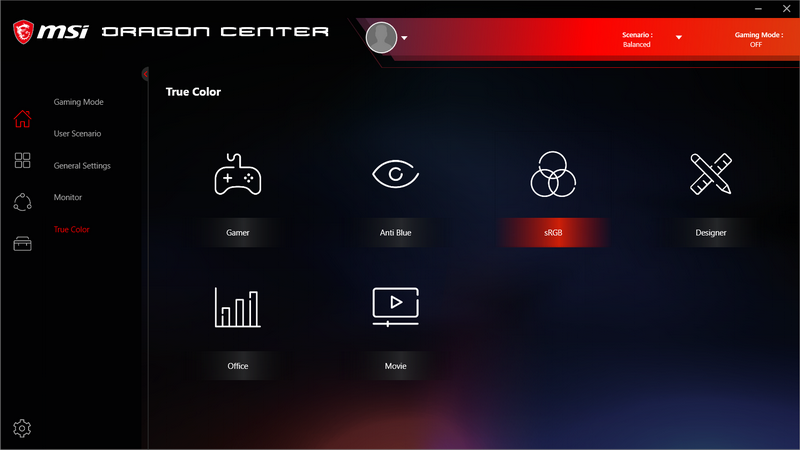 独自ユーティリティ「MSI Dragon Center」の「True Color」で用途に応じた表示モードの変更が可能