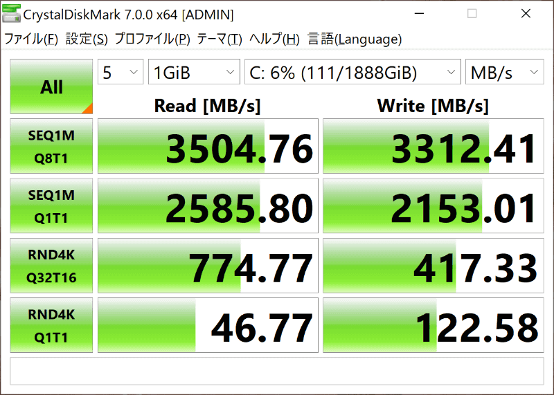 評価機に搭載されていたのはSamsung MZVLB1T0HBLR 1TB×2。RAID 0で構成されている