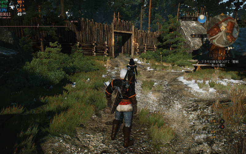 Witcher 3: Wild Hunt。グラフィックス設定を最高にするとGTX 1080でも60fpsに届かず重い。しかし十分にプレイアブルだ。とはいえ、この解像度とサイズの液晶では、高と低の設定の違いはあまりわからない