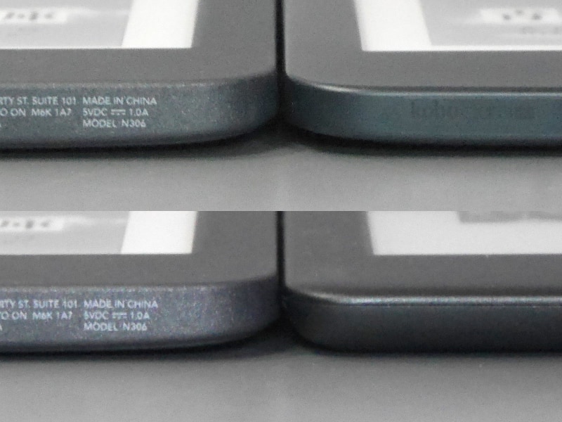 厚みの比較。左が本製品、右上段が「Kobo Clara HD」、右下段が「Kindle(第10世代)」。薄型というわけではないが、廉価なモデルとしては健闘している部類だろう