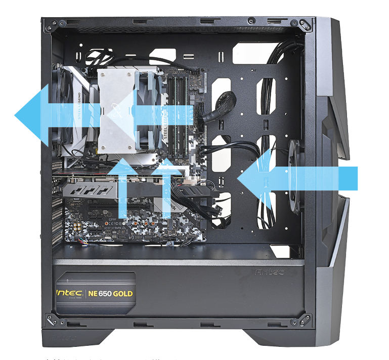 高性能なビデオカードを導入するとGPUの冷却が足りなくなる可能性がある。理想的なのはフロントからリアまで風が吹き抜けるようなエアフロー。これを意識してケースファンの増設や回転数調整を行なおう