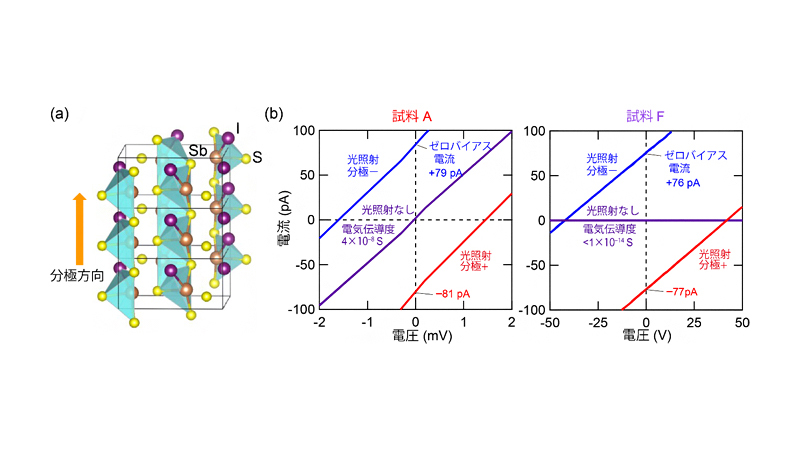 強誘電半導体のSbSIにおける光起電力効果。(a)SbSIの結晶構造と分極発生方向、(b)SbSIの分極軸方向での光照射下と照射しない状態での電流電圧特性