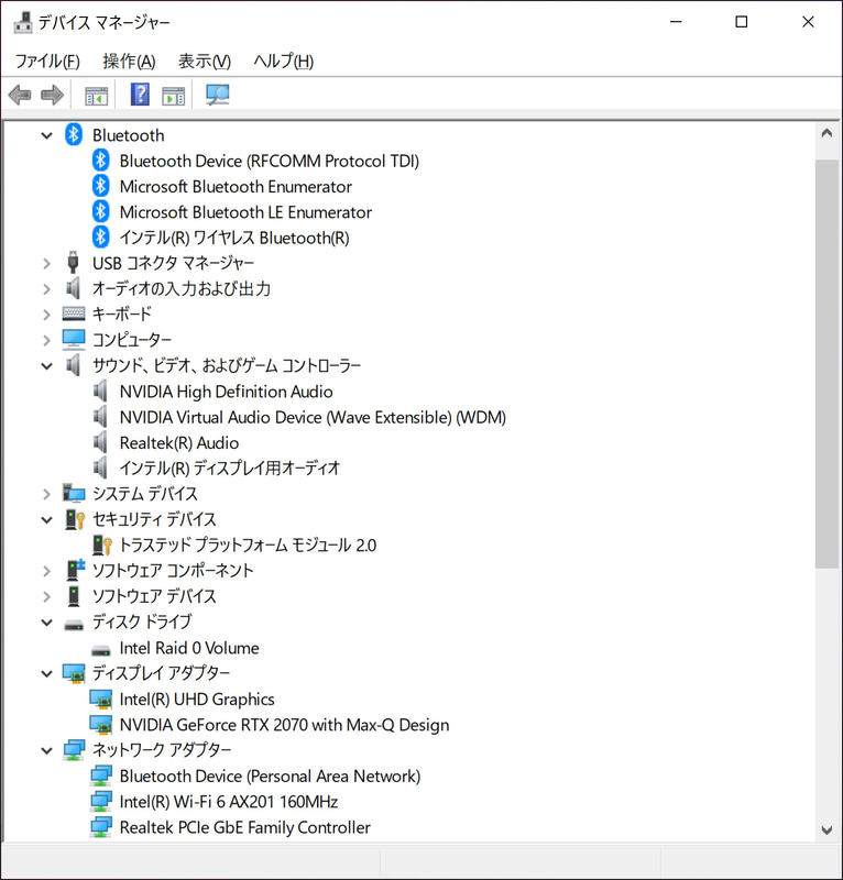 デバイスマネージャ/主要なデバイス。ストレージはRAID0で1TB、Wi-FiとBluetoothはIntel製、Gigabit EthernetはRealtek製