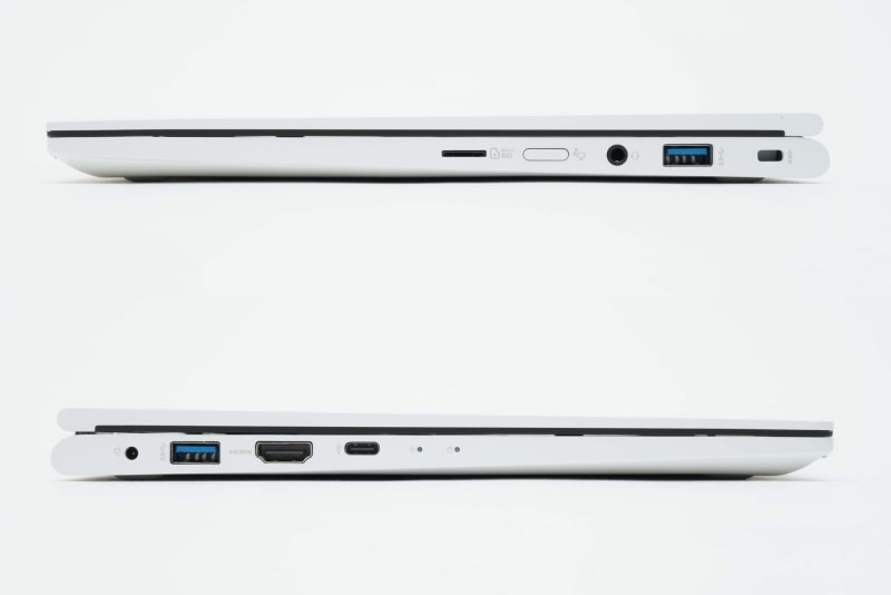 右側面にmicroSDメモリーカードスロット、スリープボタン、ヘッドセット端子、USB 3.0 Type-A、セキュリティロックスロット、左側面にUSB 3.0 Type-A、HDMI、Thunderbolt 3 (映像、音声、充電、データ転送対応)が配置されている