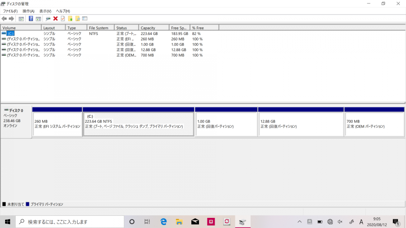 Windows 10のバージョン1909適用後、初期状態に戻したさいのCドライブの空き容量は183.95GB(256GBモデル)