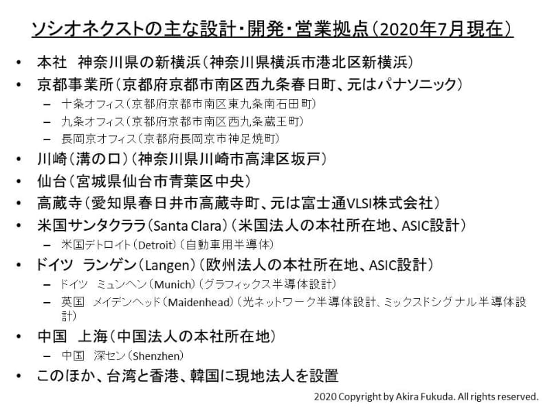ソシオネクストのおもな設計・開発・営業拠点(2020年7月現在)。同社および海外法人の公表資料から筆者がまとめた