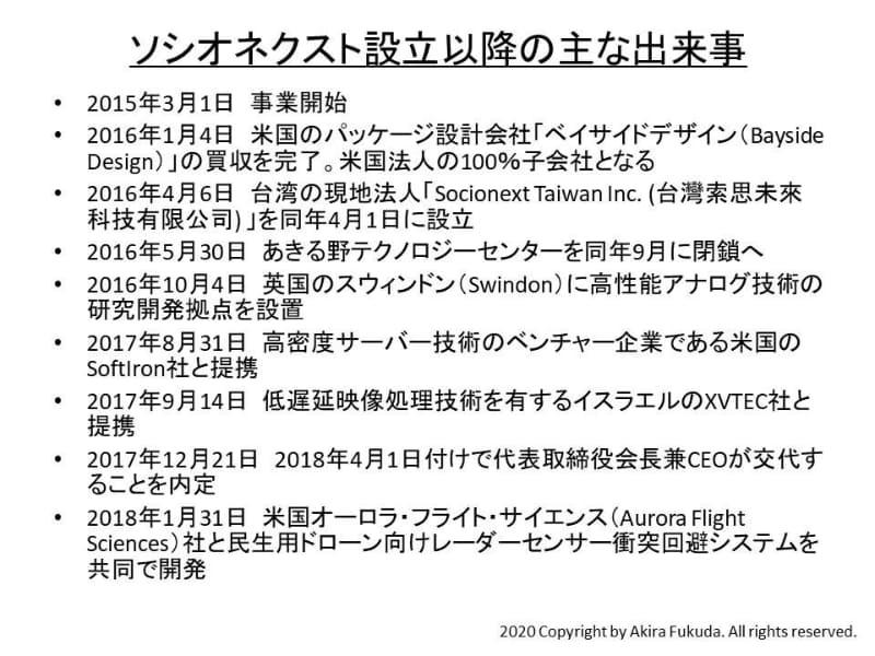 ソシオネクスト発足以降のおもな出来事(2015年～2018年)。同社のリリースから筆者がまとめた