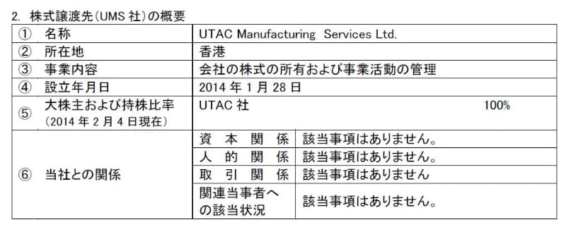 売却先であるUTACマニュファクチャリングサービス(UMS)の概要。パナソニックが2014年2月4日に発表したリリースから
