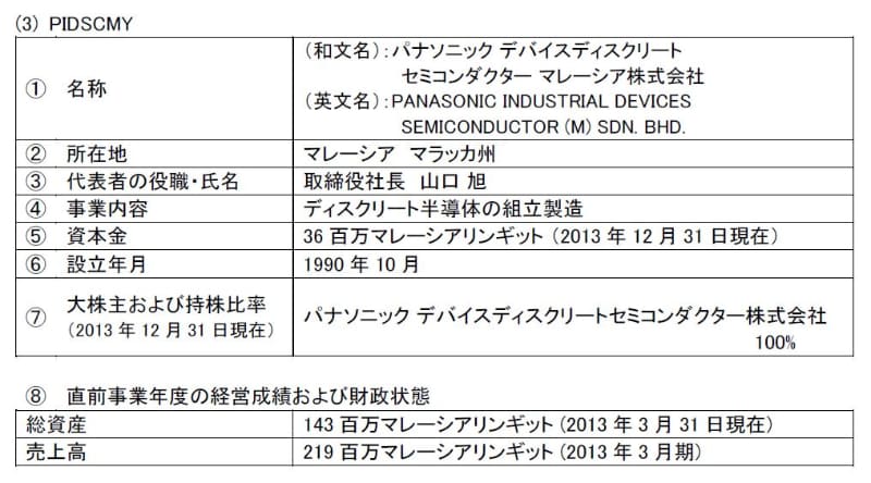 UMSに売却するマレーシアの半導体組み立て子会社の概要。パナソニックが2014年2月4日に発表したリリースから