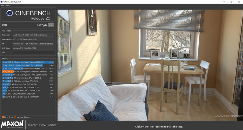 CINEBENCH R20のスコアは3,607pts