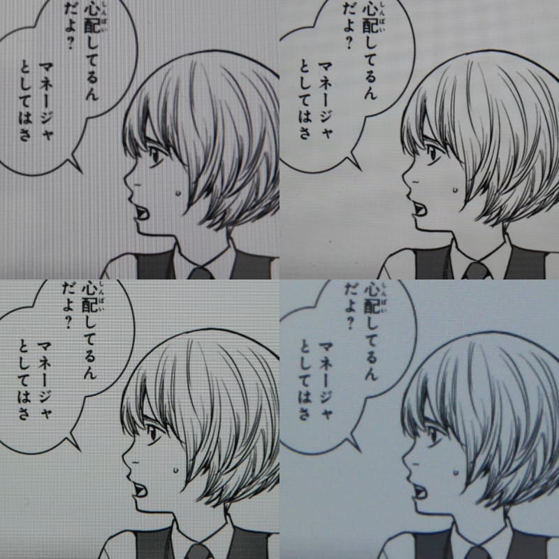 拡大表示した状態。上段左が本製品(220ppi)、右がiPad(264ppi)、下段左がFire HD 10(224ppi)、右がFire HD 8 Plus(189ppi)。このサイズのタブレットとしては平均的な解像度だ