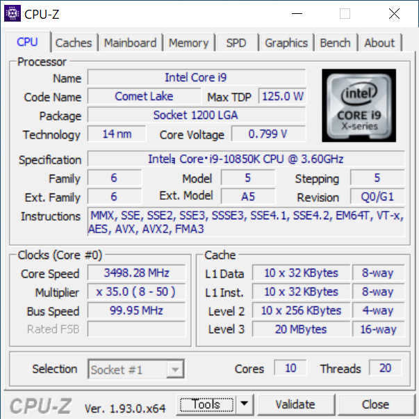 CPU-Zで表示したCore i9-10850Kの仕様