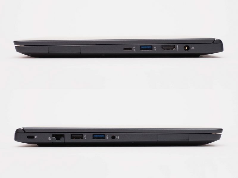 右側面(上)にはUSB 3.0 Type-C(USB Power Delivery対応)×1、USB 3.0 Type-A×1、HDMI×1、電源端子、左側面(下)にはセキュリティロックスロット×1、1000BASE-T/100BASE-TX/10BASE-T(RJ-45)×1、USB 3.0 Type-A×1、USB 2.0×1、ヘッドセット端子×1が配置されている