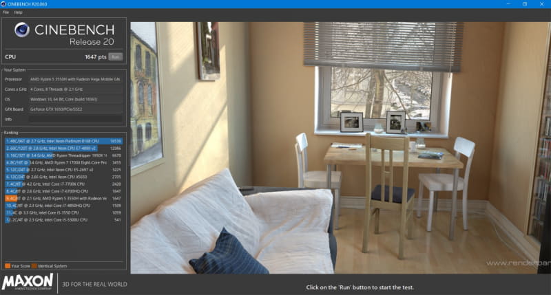CINEBENCH R20のスコアは1,647pts