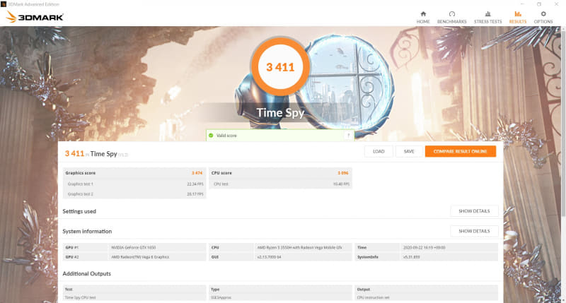 3DMark Advanced Editionの「Time Spy」の結果は3,411