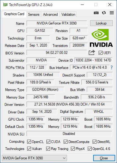 GeForce RTX 3090 Founders EditionのGPU-Z実行画面