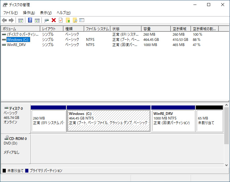 ストレージのパーティションは約464GBが割り当てられている