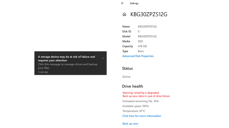 異常検出時の通知(左)、SSDの詳細画面(右)