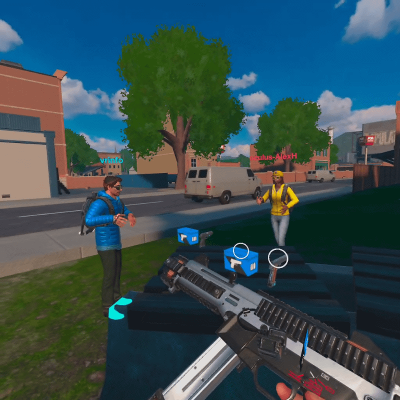 銃や弾丸はステージに点在している。銃に手を伸ばすとサークルが白色から緑色に変化するので、グリップボタンを押せばゲットできる。銃にはハンドガン、マシンガン、スナイパーライフル、ショットガンなどさまざまな種類が用意されている